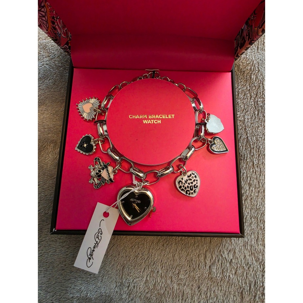 Ed Hardy Charm Bracelet Watch Silver Tone Heart Skull Leopard Y2K NWT Box
